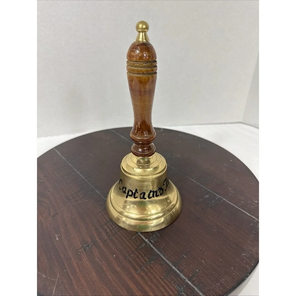 Vintage Captain's Table Brass Hand Bell with Wood Handle 8.25